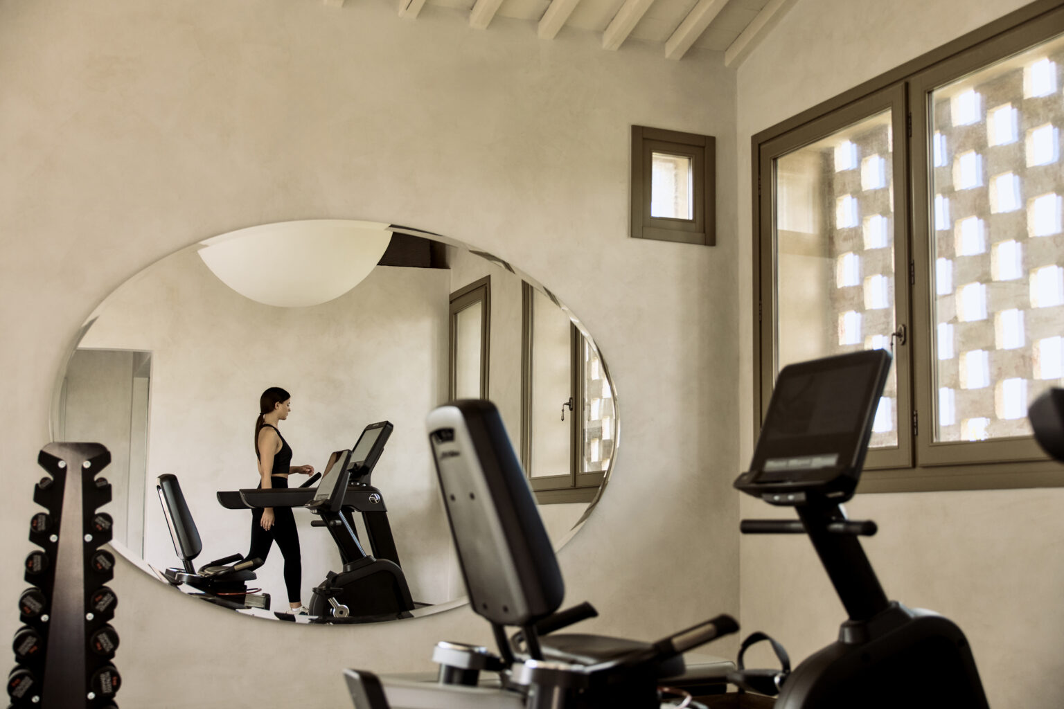 A woman exercising on a treadmill in a modern home gym, featuring a large mirror and natural light coming through windows. The gym is equipped with fitness equipment, including dumbbells and a stationary bike, set against a minimalist design. | Only on SopranoVillas