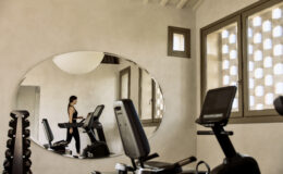 A woman exercising on a treadmill in a modern home gym, featuring a large mirror and natural light coming through windows. The gym is equipped with fitness equipment, including dumbbells and a stationary bike, set against a minimalist design.