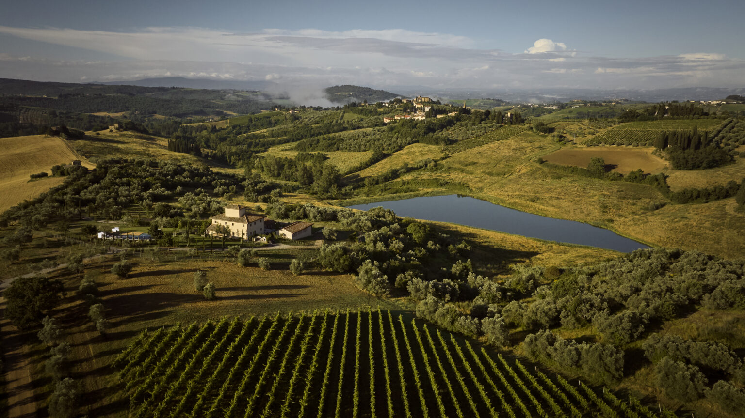 Aerial view of a picturesque vineyard landscape featuring lush green fields, a serene lake, and rolling hills under a clear sky, highlighting the beauty of rural Italian countryside. | Only on SopranoVillas