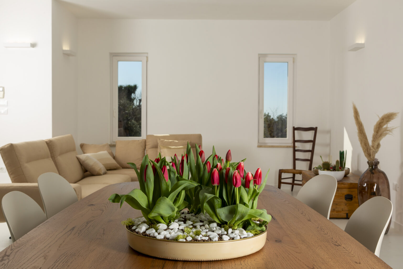 Modern living room interior featuring a wooden dining table with a centerpiece of red tulips and decorative stones, surrounded by stylish chairs and a cozy sofa. Large windows allow natural light to brighten the space, enhancing the minimalist decor. | Only on SopranoVillas