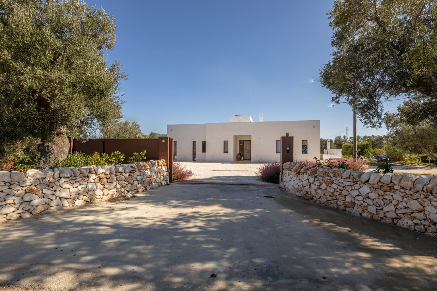 Modern white villa surrounded by olive trees, featuring a stone wall entrance and a clear blue sky. | Only on SopranoVillas