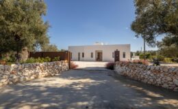 Modern white villa surrounded by olive trees, featuring a stone wall entrance and a clear blue sky.