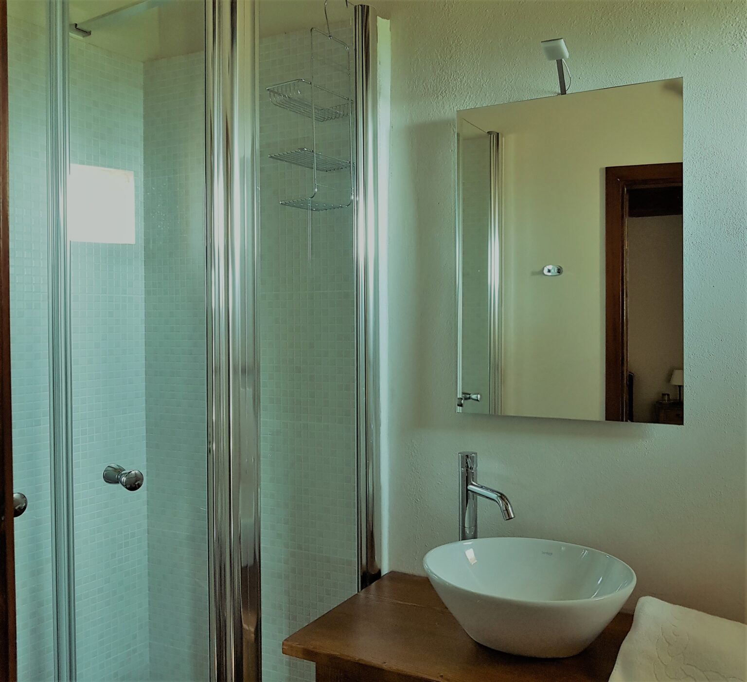 Modern bathroom featuring a glass shower enclosure, a sleek round sink, and a wall-mounted mirror, designed for optimal space efficiency and contemporary aesthetics. | Only on SopranoVillas