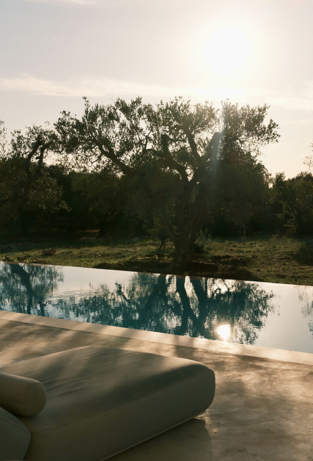Serene view of an infinity pool reflecting trees and sunlight, surrounded by lush greenery. The image captures the tranquility of a natural landscape, ideal for relaxation and outdoor living. | Only on SopranoVillas