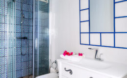 Modern bathroom featuring a glass shower, decorative blue tiled wall, white sink with a stylish faucet, and pink flower accents on the counter.