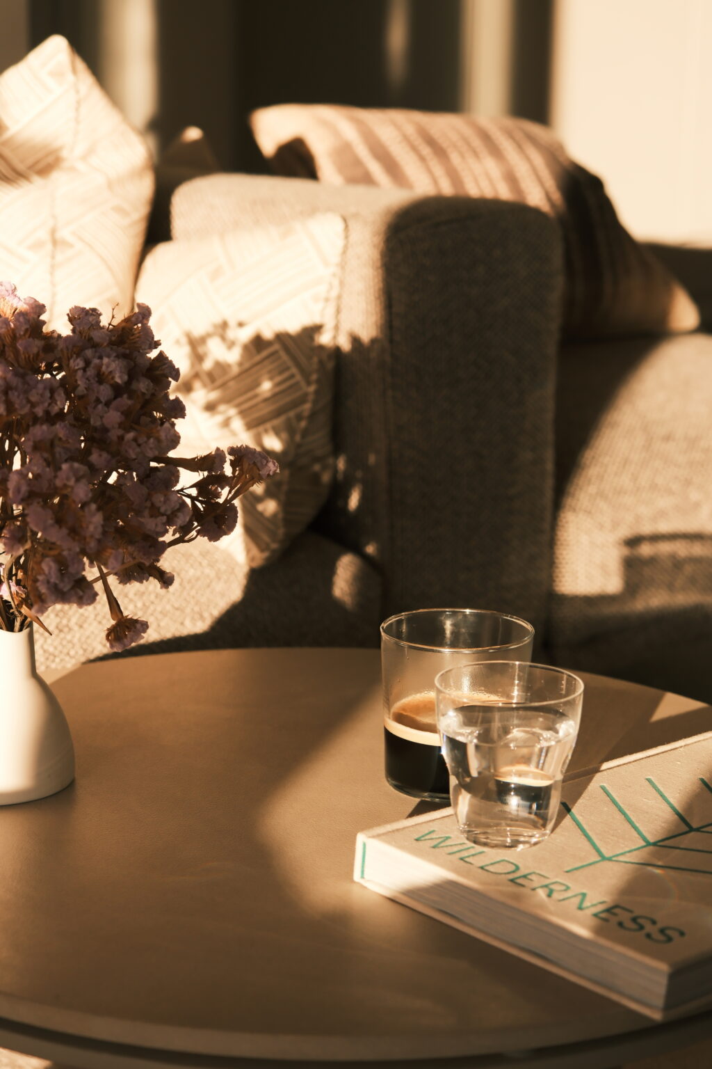 Cozy living room scene featuring a small table with two glasses of water and coffee, accompanied by a vase of dried flowers, illuminated by warm sunlight. | Only on SopranoVillas