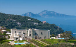 Luxury villa overlooking the sea with scenic mountains in the background, featuring lush gardens and swimming pools, ideal for a high-end getaway.