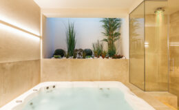 Modern spa area featuring a luxurious hot tub, surrounded by elegant plants and a glass shower enclosure, designed for relaxation and wellness.