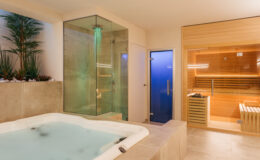 Luxurious spa interior featuring a modern hot tub, glass shower, and a wooden sauna, surrounded by greenery for a relaxing atmosphere.