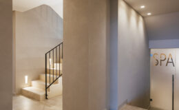 Modern spa entrance featuring minimalistic design with a staircase leading to upper levels, soft lighting, and a clear 