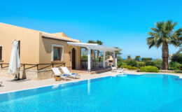 Modern villa with a private swimming pool, surrounded by palm trees and lush greenery under a clear blue sky. Ideal for luxury vacation rentals.