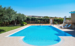 A serene outdoor swimming pool surrounded by lush greenery and olive trees, featuring comfortable lounge chairs and a clear blue sky. Ideal for relaxation and leisure activities.