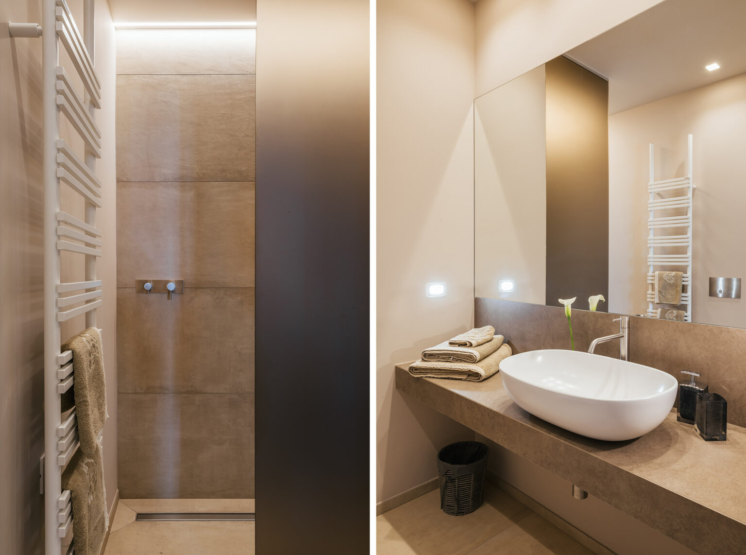 Modern bathroom design featuring a spacious shower area with sleek tiles and a stylish freestanding tub on a minimalist countertop, complemented by elegant lighting and organized towels. | Only on SopranoVillas