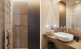 Modern bathroom design featuring a spacious shower area with sleek tiles and a stylish freestanding tub on a minimalist countertop, complemented by elegant lighting and organized towels.