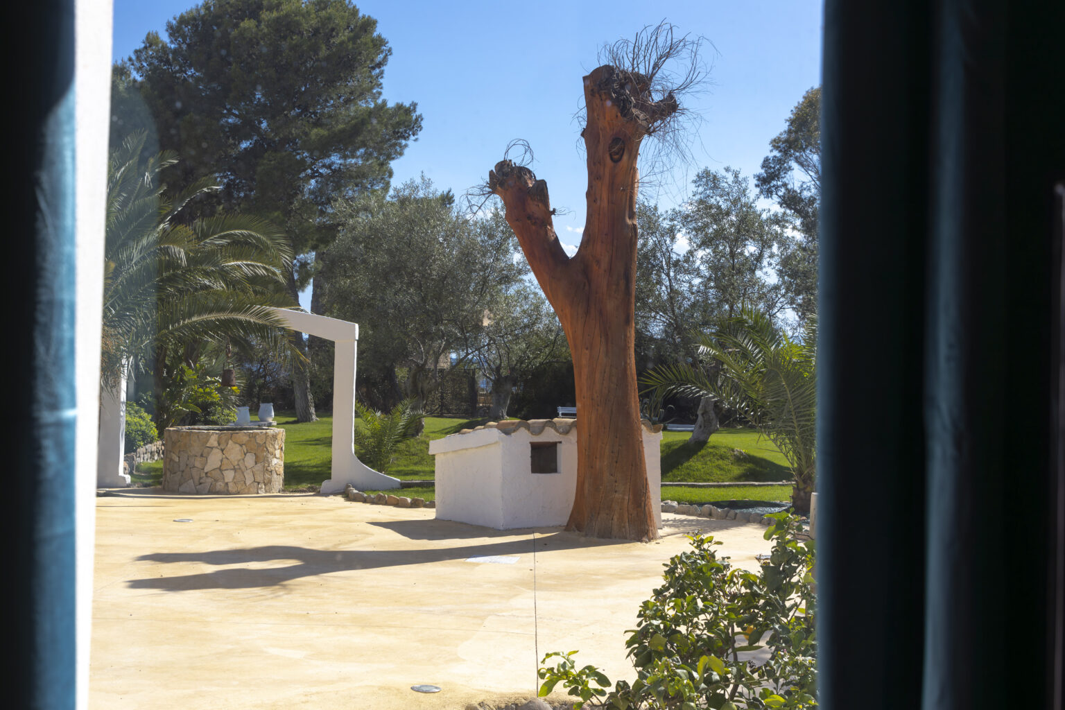 View of a landscaped garden featuring a unique tree with a distinctive shape, surrounded by greenery and a small white structure, captured through a window. | Only on SopranoVillas