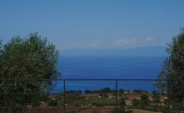 Scenic coastal view featuring a clear blue sea and distant mountains, framed by olive trees and a metal railing, ideal for travel and nature enthusiasts.