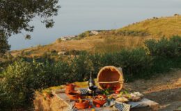 Scenic outdoor picnic setup with a variety of foods, wine, and a picturesque view of rolling hills and the sea in the background.