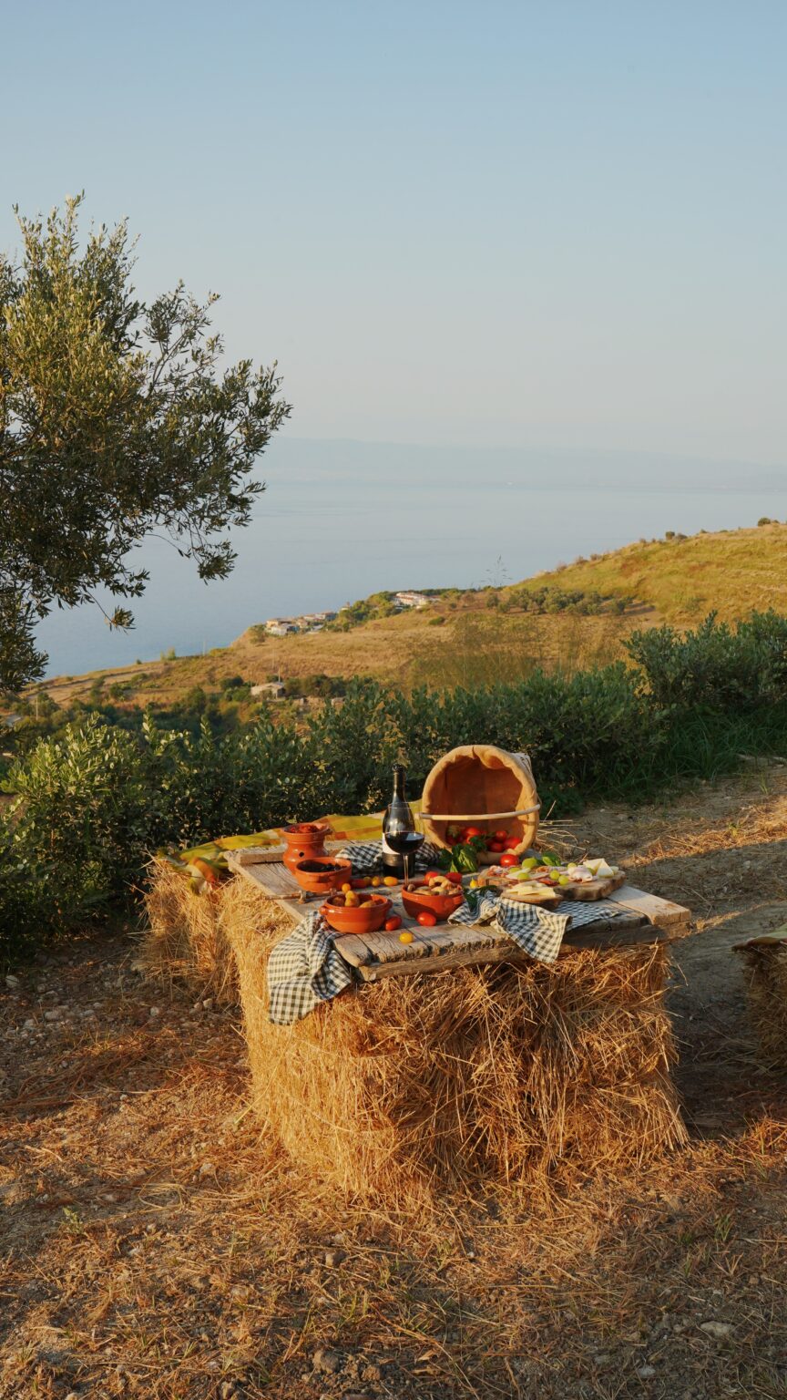 Scenic outdoor picnic setup with a variety of foods, wine, and a picturesque view of rolling hills and the sea in the background. | Only on SopranoVillas