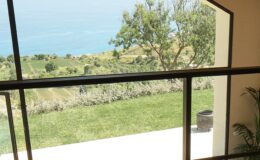 View from a modern interior showcasing a large window overlooking a lush green landscape and the ocean beyond, with a potted plant in the foreground.