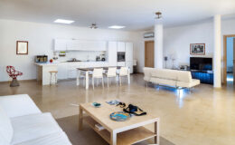 Spacious modern living room with a minimalist design, featuring a comfortable white sofa, a wooden coffee table, and a dining area with white chairs. The open kitchen is equipped with sleek cabinetry, and large windows allow natural light to fill the space.