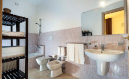Modern bathroom featuring a shower, bathtub, sink, and bidet, complemented by a stylish shelving unit with neatly arranged towels. The walls are adorned with light pink tiles, creating a clean and inviting atmosphere.
