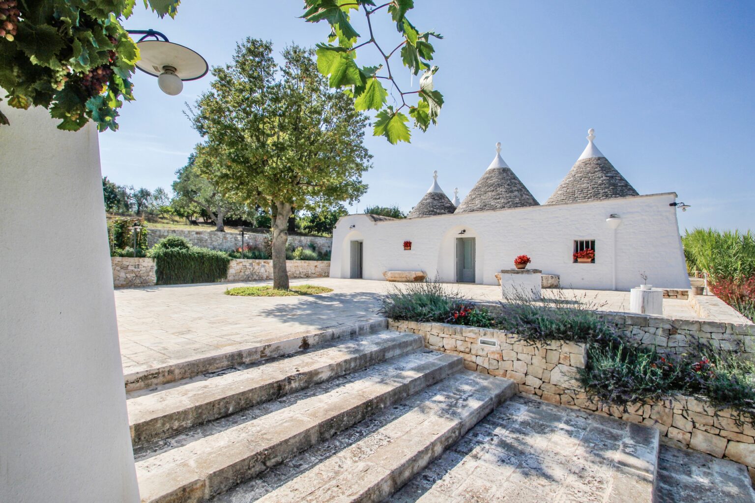 Tranquil outdoor view of a traditional trullo house in Puglia, Italy, featuring conical roofs, a stone pathway, and lush greenery under a clear blue sky. | Only on SopranoVillas