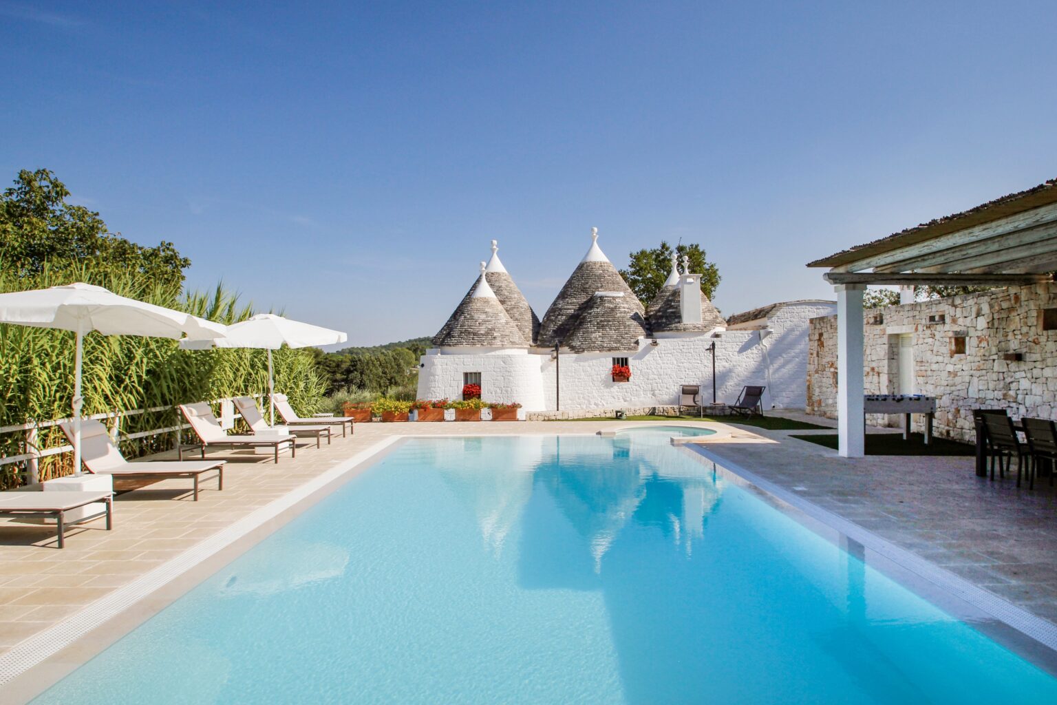 Tranquil outdoor pool area featuring traditional trulli houses in the background, surrounded by lush greenery and sun loungers under white umbrellas, ideal for relaxation and leisure. | Only on SopranoVillas