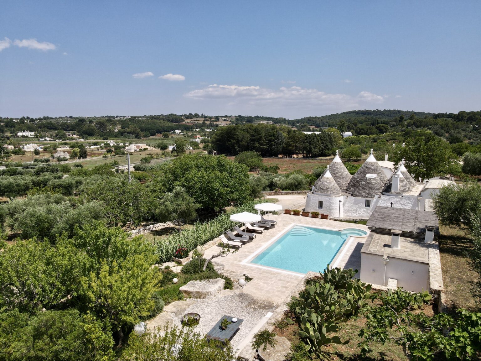 Aerial view of a traditional trullo house with a swimming pool surrounded by lush greenery and olive trees, set in a picturesque rural landscape in Italy. | Only on SopranoVillas