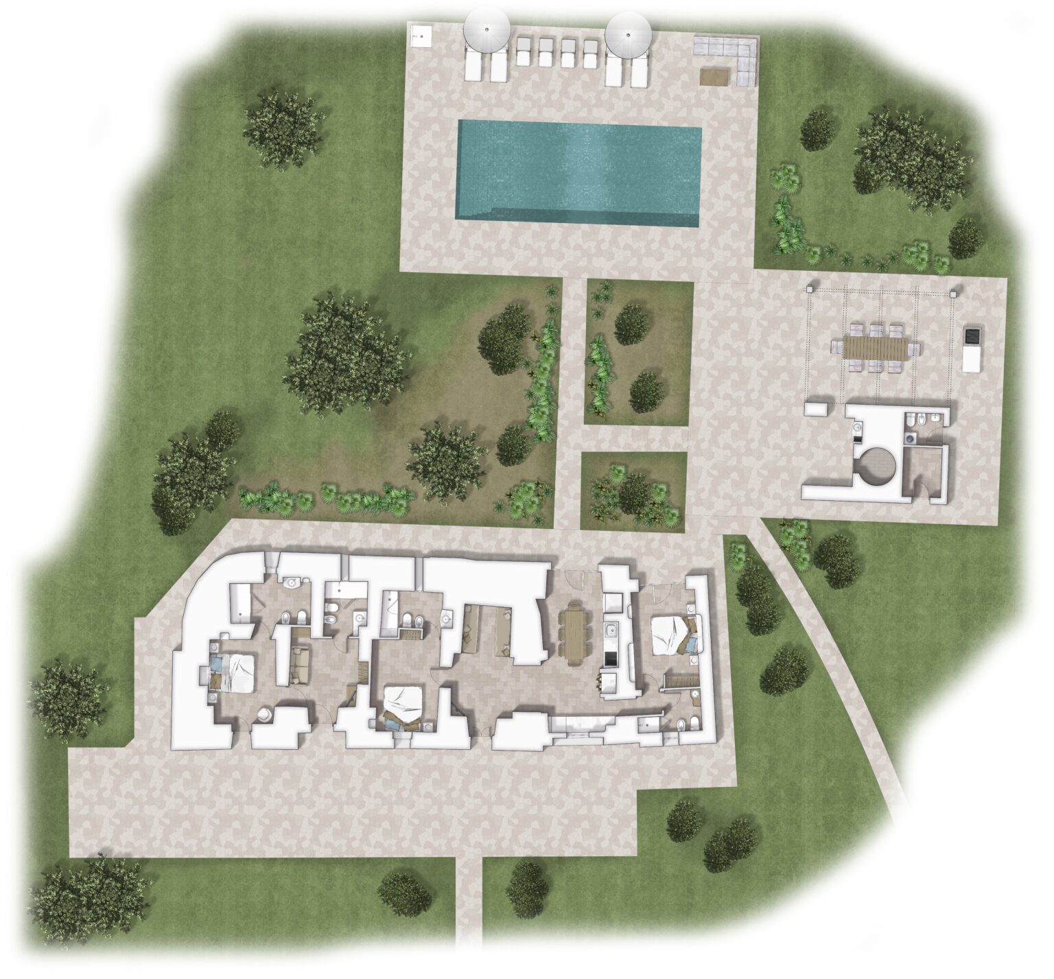 Architectural layout of a residential property featuring a main building with multiple rooms, outdoor areas, a swimming pool, and landscaped gardens. | Only on SopranoVillas