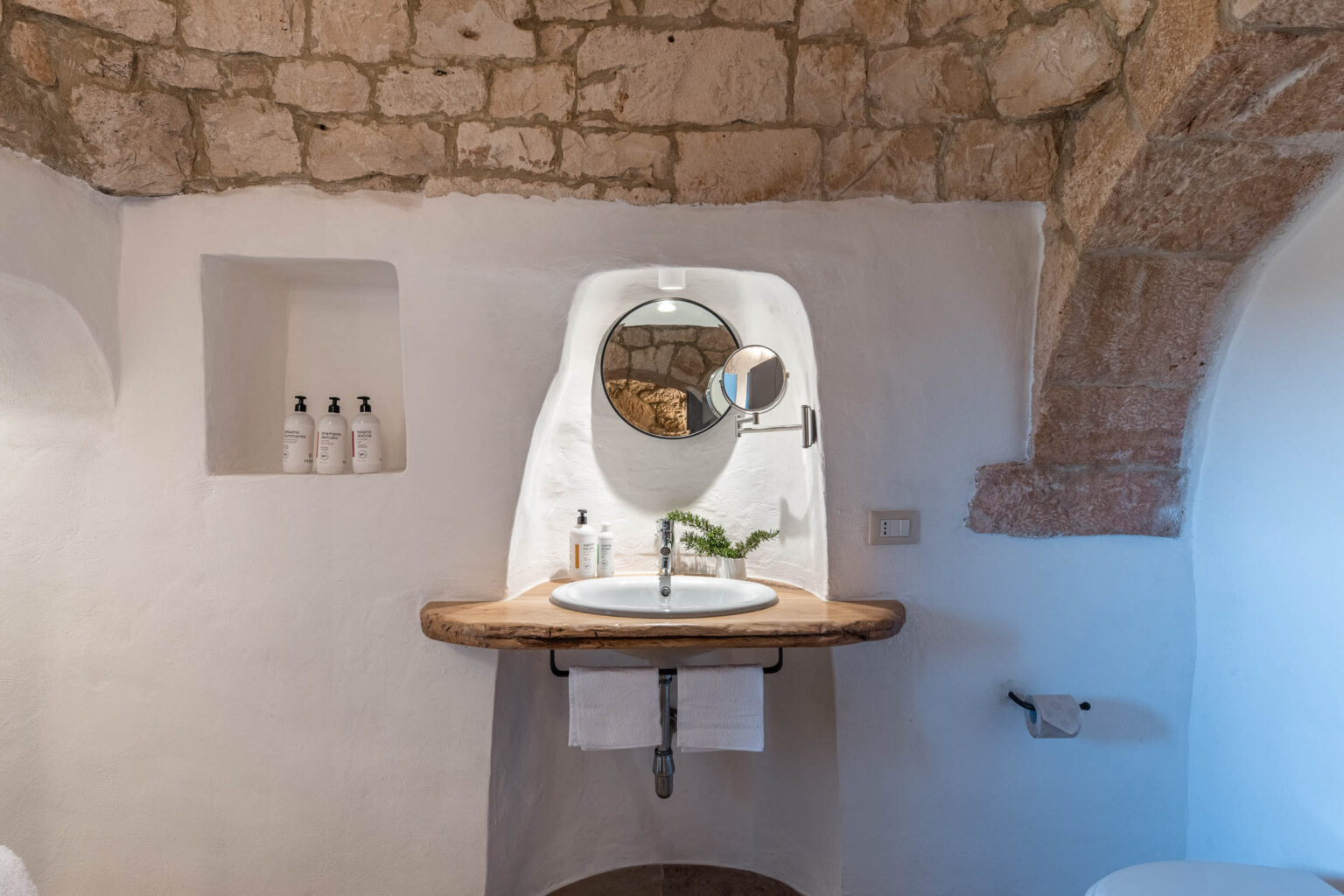 Modern bathroom design featuring a wooden sink countertop, a round mirror, and natural stone accents. The space includes neatly arranged toiletries and a minimalist aesthetic with a white plastered wall and rustic details. Ideal for showcasing contemporary interior decor. | Only on SopranoVillas