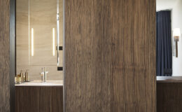 Modern bedroom interior featuring a wooden partition, a ceiling fan, and a stylish green leaf-patterned bench. The design highlights a seamless transition to a bathroom area with elegant fixtures and soft lighting.