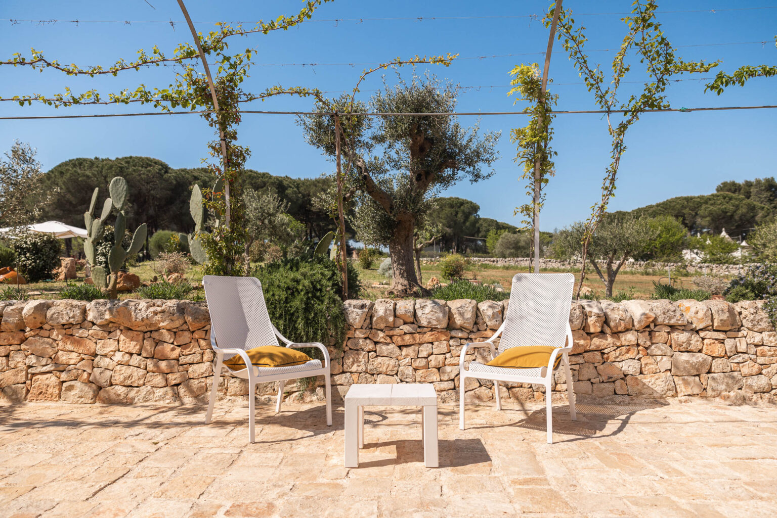 Cozy outdoor seating area with two white chairs and a small table, surrounded by lush greenery and a stone wall, ideal for relaxation in a sunny garden setting. | Only on SopranoVillas