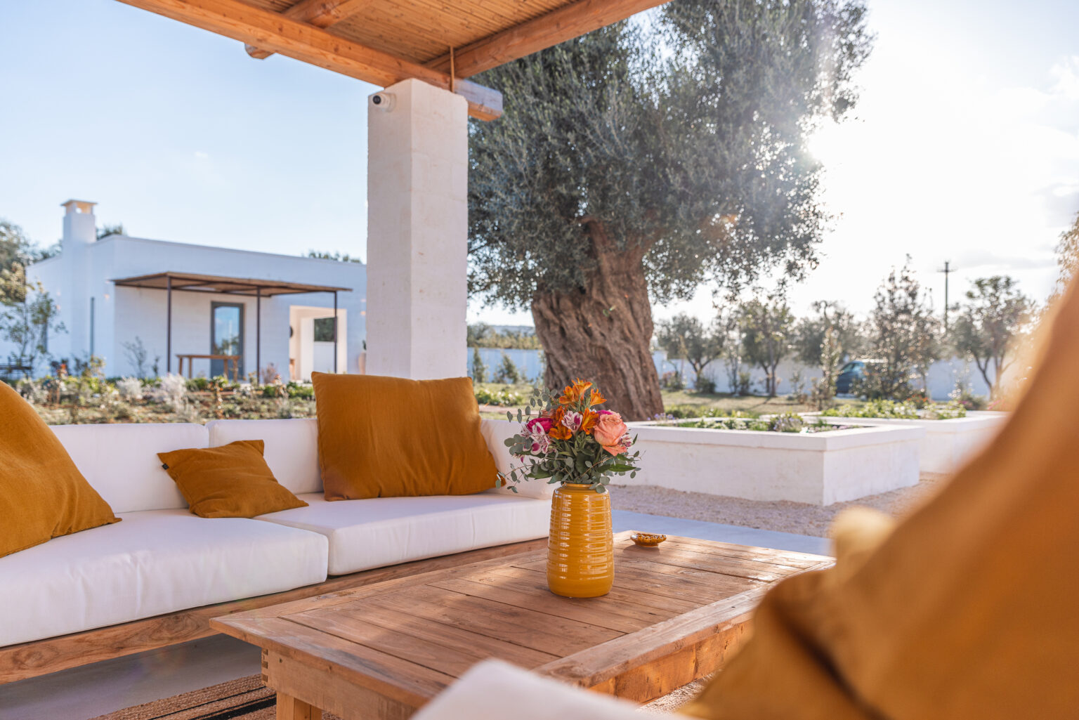 Cozy outdoor seating area with plush cushions, a wooden table, and a vase of fresh flowers, surrounded by olive trees and a bright, sunny landscape. Ideal for relaxation and enjoying nature. | Only on SopranoVillas