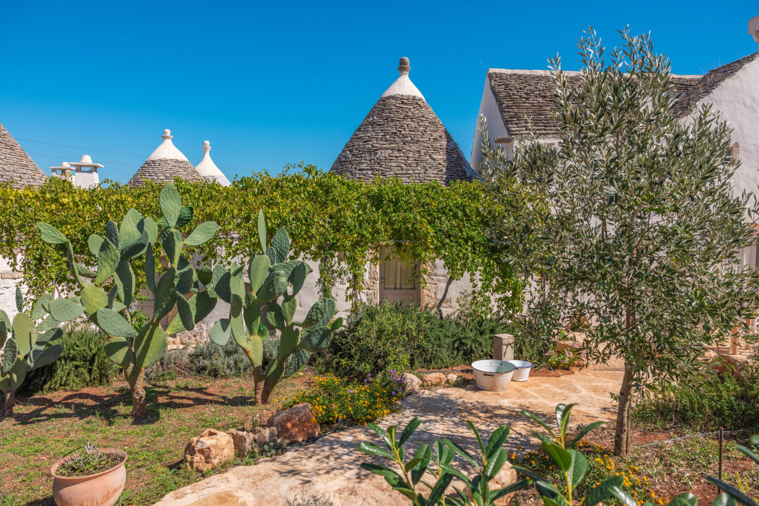 Tranquil garden scene featuring traditional trullo houses with conical stone roofs, surrounded by lush greenery, cacti, and colorful flowers under a clear blue sky. | Only on SopranoVillas
