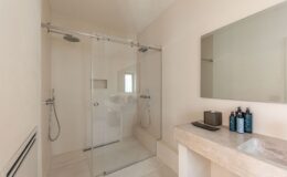 Modern bathroom with a glass shower enclosure, light-colored walls, and a minimalist design featuring a stone countertop with toiletries and a mirror. The space emphasizes cleanliness and contemporary style.