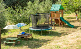 Children's outdoor play area featuring a trampoline, sandbox with toys, picnic table, and a wooden play structure with a slide and swings, surrounded by lush greenery and sunny skies.