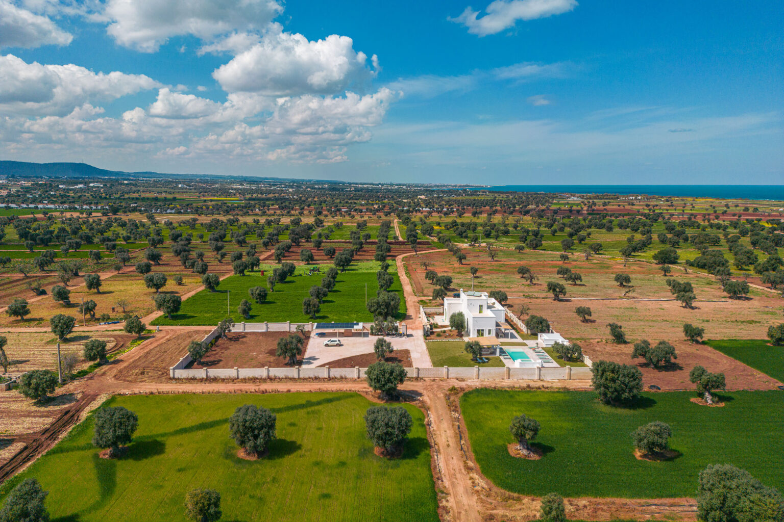 Aerial view of a modern villa surrounded by lush green fields and olive trees, with a clear blue sky and distant coastline visible. The property features a swimming pool and well-maintained landscape, showcasing rural tranquility. | Only on SopranoVillas