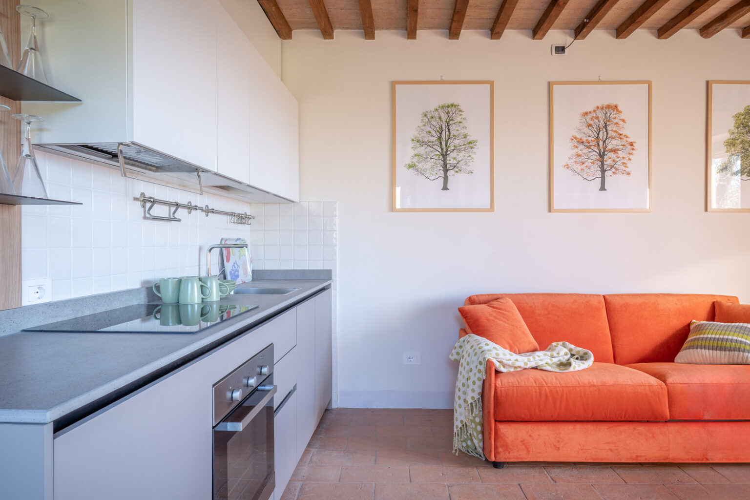 Modern kitchen and living room interior featuring a sleek gray countertop, orange sofa, and framed botanical artwork on the wall. The kitchen includes a built-in oven, stovetop, and stylish dishware. Natural light enhances the cozy atmosphere. | Only on SopranoVillas