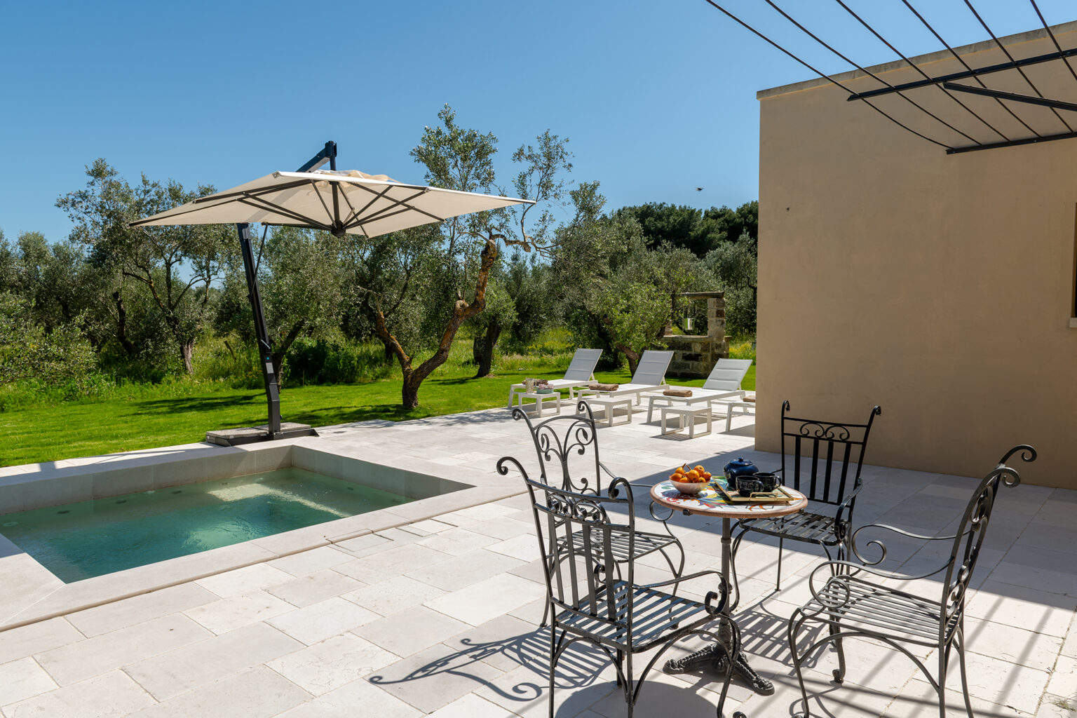 Cozy outdoor patio with a small plunge pool, surrounded by olive trees, featuring a table with fruit and four chairs under a large umbrella, ideal for relaxation in a sunny garden setting. | Only on SopranoVillas