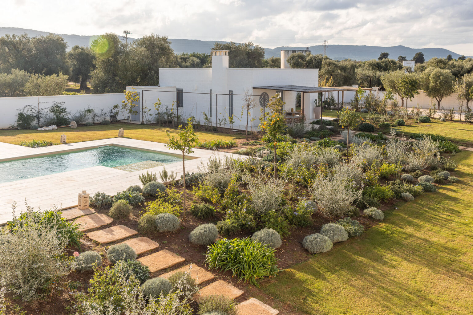Aerial view of a modern villa with a swimming pool surrounded by lush gardens and olive trees, featuring a landscaped yard with various plants and stone pathways. | Only on SopranoVillas