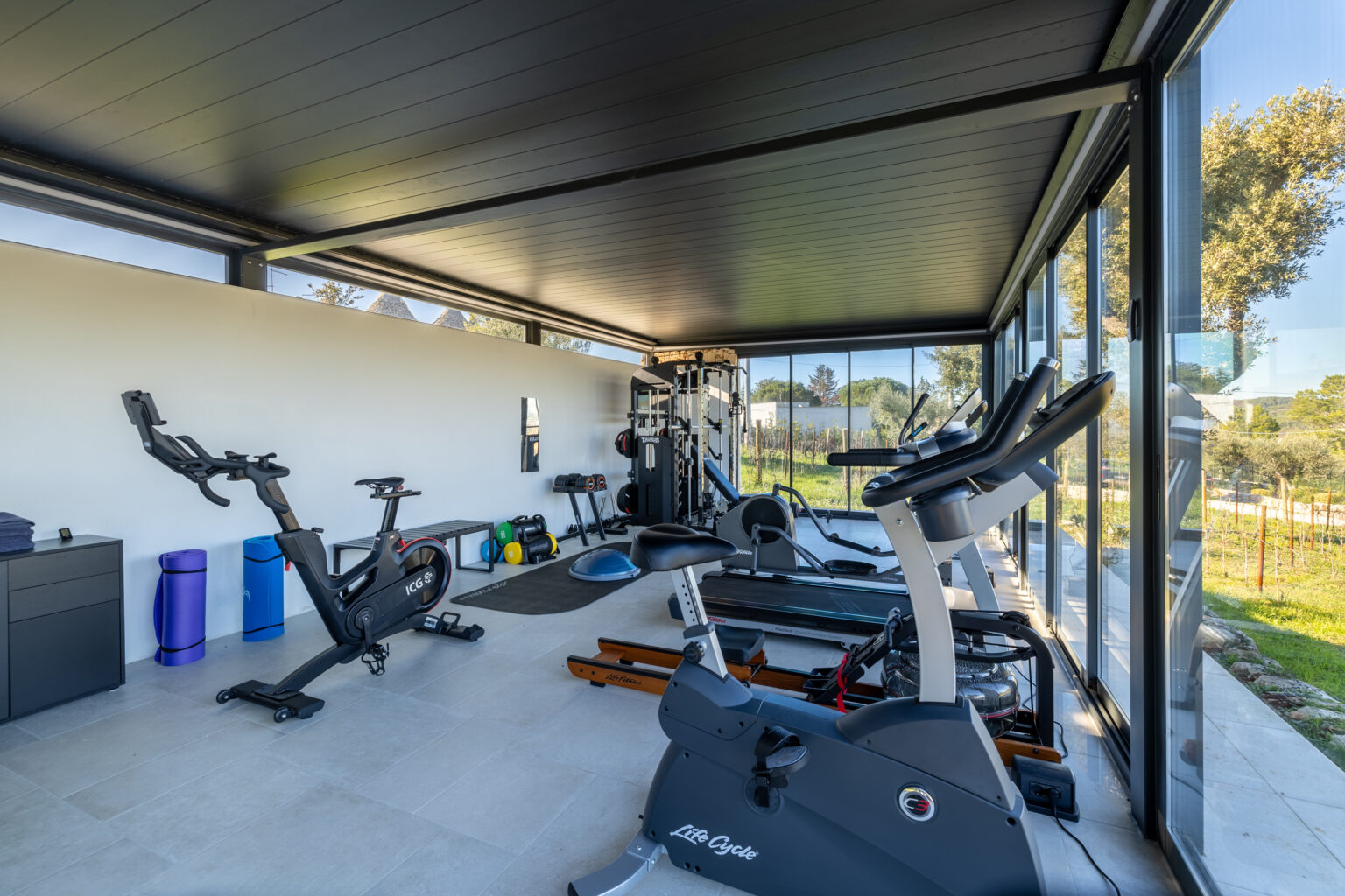 Modern home gym interior featuring various fitness equipment including stationary bikes, weight machines, and exercise mats, all set in a bright, glass-enclosed space with a view of the outdoors. | Only on SopranoVillas