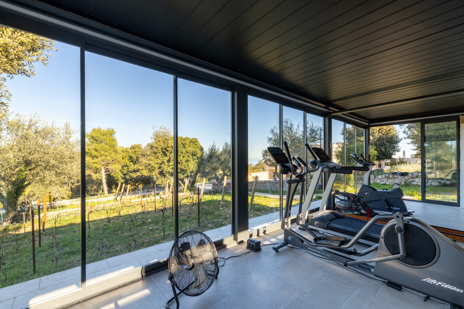 Modern home gym with large windows offering a scenic view of greenery, featuring elliptical machines and a fan for comfort. | Only on SopranoVillas