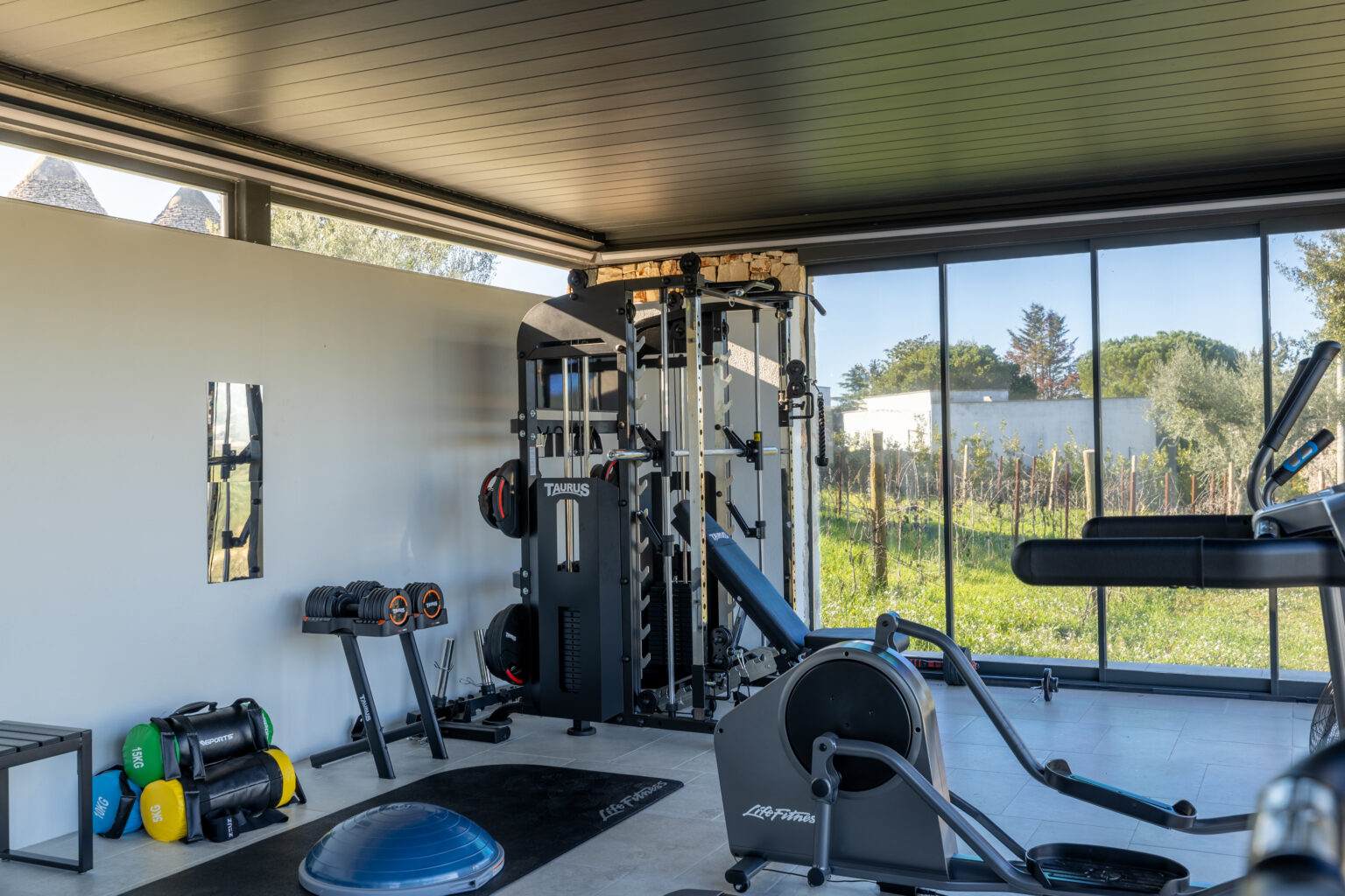 Modern home gym with large windows, featuring a multi-station weight machine, treadmill, and various free weights, set in a bright and spacious environment with outdoor views. | Only on SopranoVillas