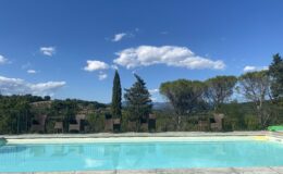 Scenic outdoor swimming pool with clear blue water, surrounded by lounge chairs and lush greenery, under a bright blue sky with fluffy clouds. Ideal for relaxation and leisure in a tranquil setting.