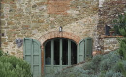 Charming rustic stone house with green shutters and double doors, surrounded by lush lavender plants and a stone pathway. Ideal for showcasing traditional architecture and serene outdoor spaces.