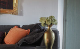 Cozy living room featuring a dark sofa with colorful pillows, a decorative vase with faux flowers on a small black side table, and an ornate gold-framed painting on the wall. A wooden door in the background adds to the inviting atmosphere.