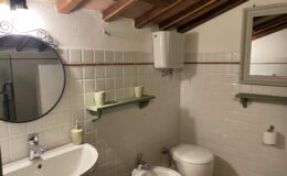 Modern bathroom interior featuring a round mirror, sink, toilet, and bidet, with white tiled walls and wooden beams. Green shelves hold decorative items, adding a touch of style to the space.