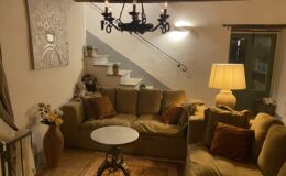 Cozy living room with a beige sofa adorned with decorative pillows, a round coffee table, and a warm floor lamp. The wall features a bicycle-themed artwork, and a staircase leads to an upper level, decorated with potted plants and plush toys. The space is illuminated by a stylish chandelier, creating a welcoming atmosphere.