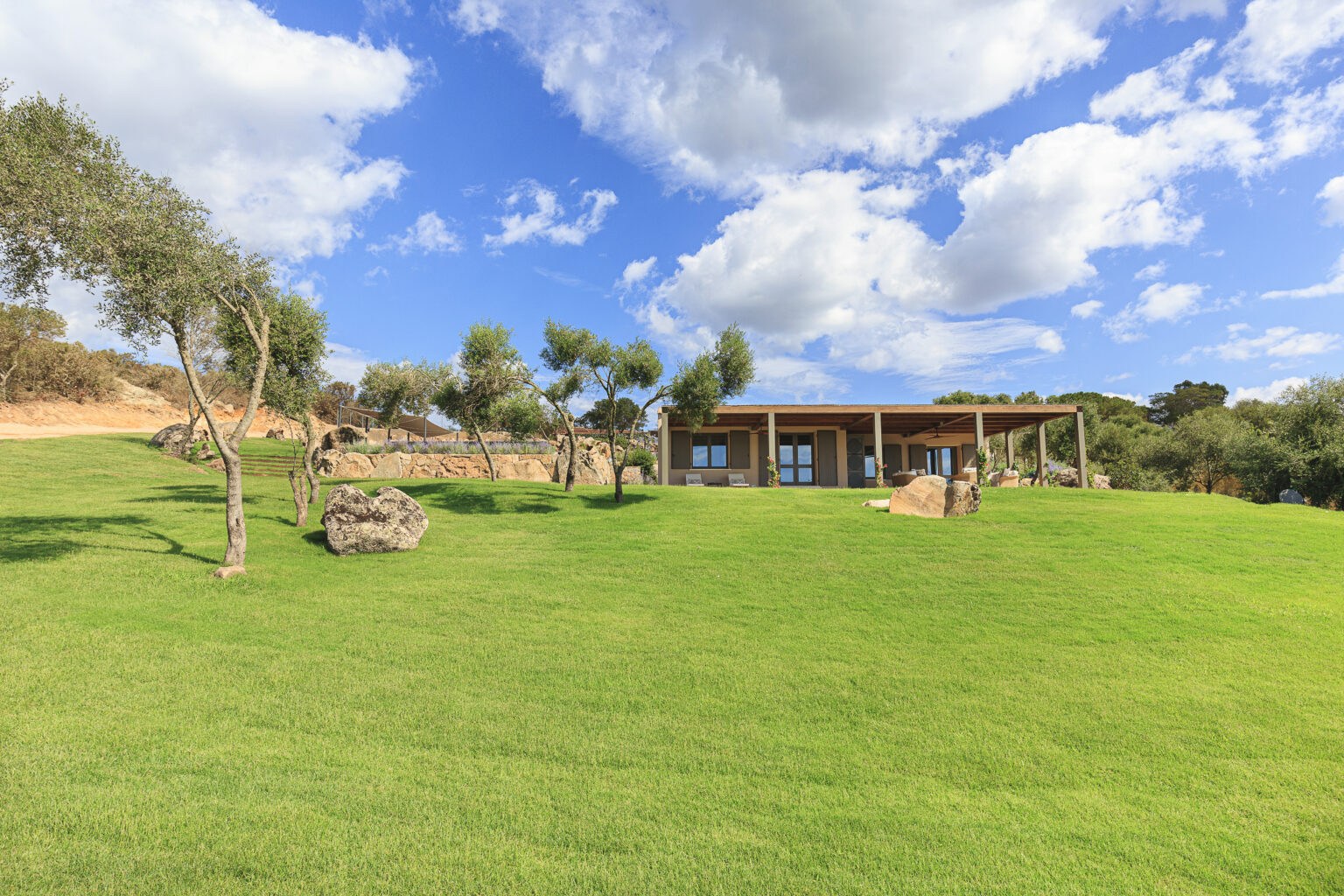 Modern eco-friendly house surrounded by lush green lawn, olive trees, and natural stone features under a bright blue sky with fluffy clouds. Ideal for nature lovers and sustainable living enthusiasts. | Only on SopranoVillas