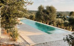 Modern infinity pool surrounded by olive trees and lush greenery, set against a scenic hillside landscape. The serene outdoor space features a sleek concrete deck and tranquil water, ideal for relaxation and leisure.